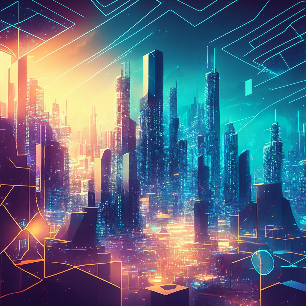 Futuristic cityscape with decentralized networks, contrasting warm and cool lighting, lively atmosphere, transparency and security elements, digital assets and currencies, energy sustainability concerns, innovative projects like Ethereum and Hyperledger, mood of cautious optimism and curiosity.