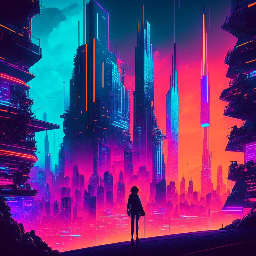 Futuristic cityscape with blockchain elements, vibrant neon tones, dynamic lighting, sense of innovation, evening skyline, a balance between optimism and caution, people exploring digital assets, focus on safety and education, confident yet vigilant atmosphere.