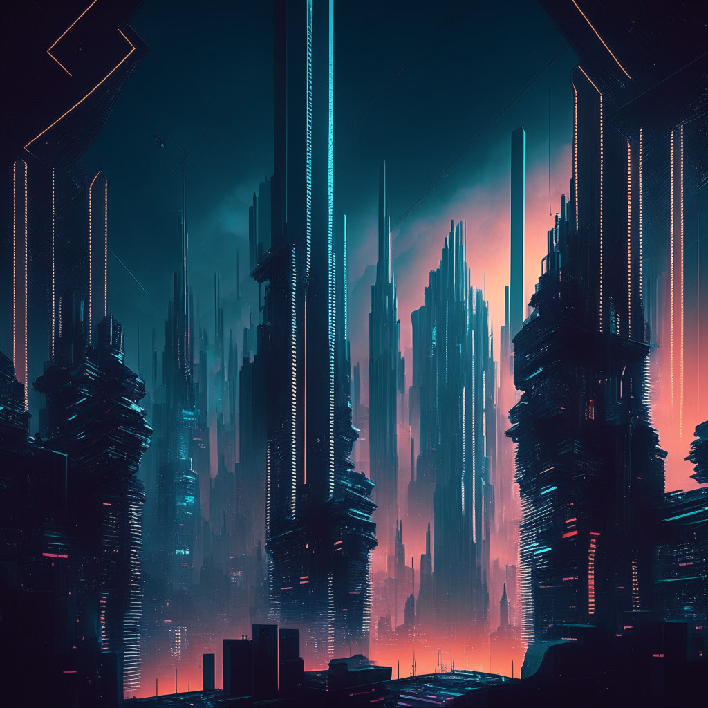 Futuristic city skyline, blockchain patterns interwoven, diverse group of experts in heated discussion, glowing digital currencies, chiaroscuro lighting, contrast between promise & peril, sense of dynamism and uncertainty, moody atmosphere, hints of Art Deco & cyberpunk aesthetics.