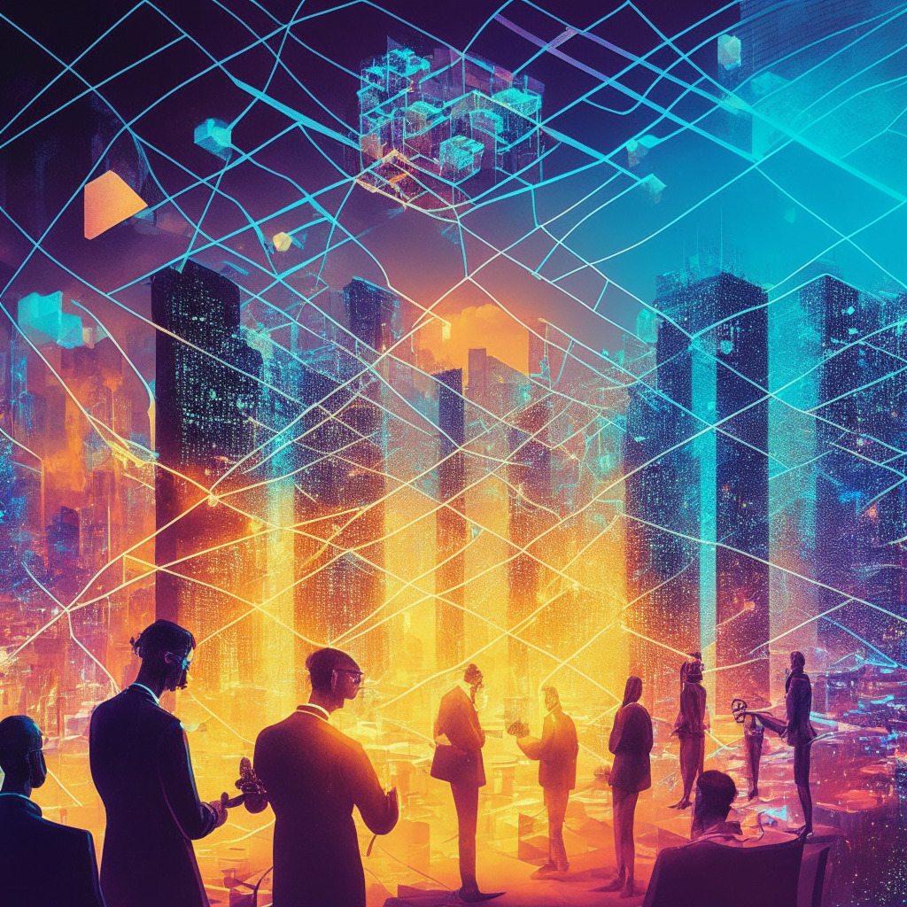 Futuristic cityscape with blockchain network, diverse experts conversing, an event in action, glowing connections, transparent supply chain imagery, intense debate, dynamic mood, chiaroscuro lighting, vibrant colors, diffused light creating an air of anticipation, combining idealism and skepticism, encapsulating the journey of blockchain technology.