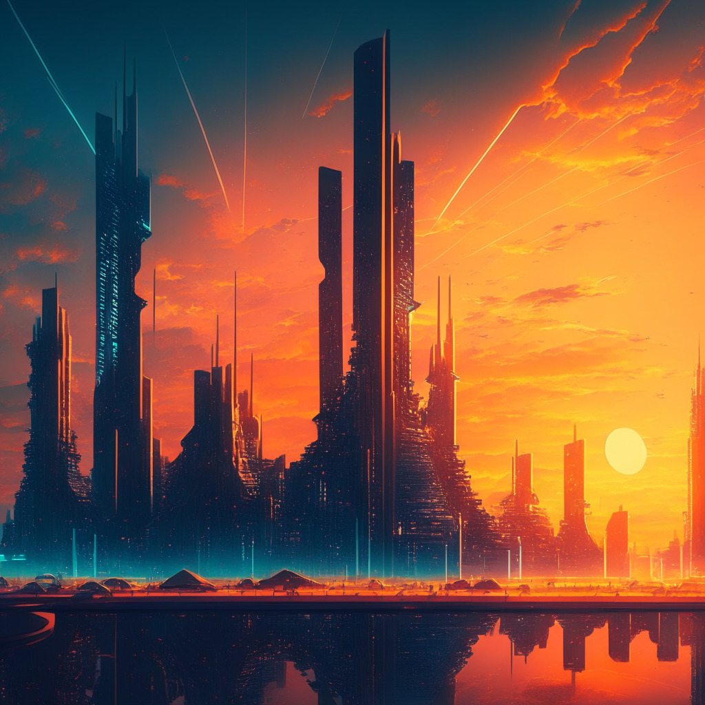 Futuristic financial cityscape, abstract blockchain networks, warm sunrise glow, serene ambiance, Banks experimenting with blockchain, juxtaposed with regulatory concerns, DeFi supporters debating skeptics, charismatic figures influencing market, NFT excitement with environmental caution.