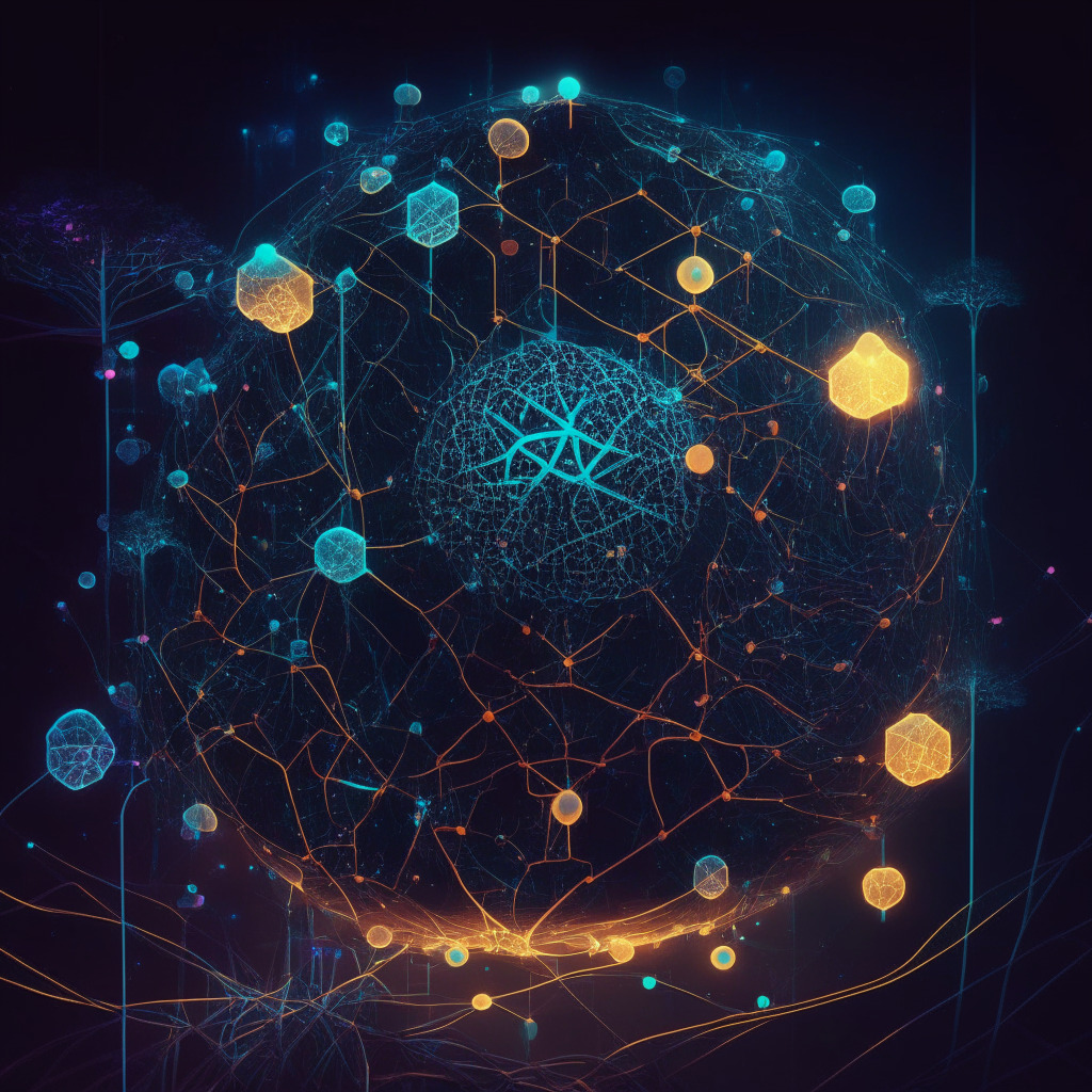 Intricate blockchain network, twilight ambience, abstract art style, glowing nodes, contrasting hope & skepticism, finance & supply chain elements, subtle environmental hints, balanced mood of optimism & wariness, decentralization & governance symbolism. (349/350 characters)