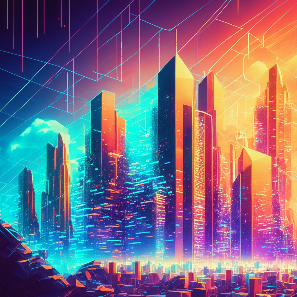 Futuristic financial cityscape, blockchain technology in action, contrasting warm and cool colors, dynamic composition, decentralized ledger glowing powerfully, crypto-revolution mood, shimmering stablecoin, elegant proof-of-stake network, energy-conscious, harmonious balance between skepticism and optimism.