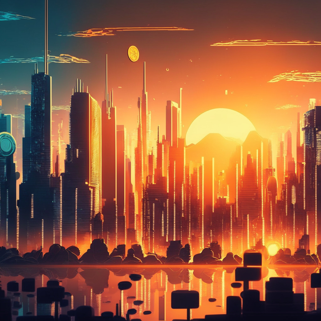 Surreal, blockchain-inspired cityscape at dusk, gleaming crypto coins rising like the sun, contrasting skepticism, optimism, complex technological structures, warm and cool lighting interplay, air of cautious excitement, diverse characters discussing, evolving regulatory landscape silhouette. 350 characters.