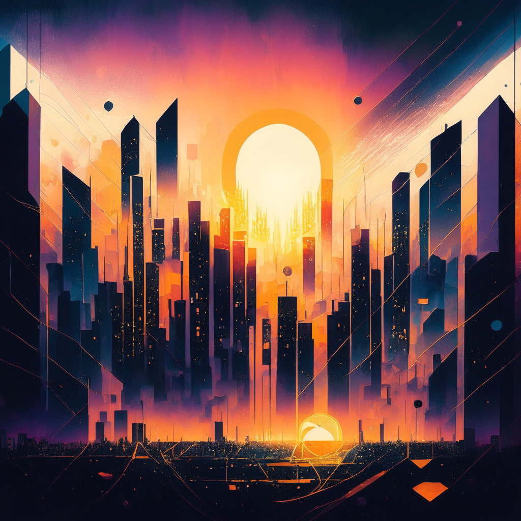 Surreal cityscape representing blockchain revolution, ethereal glow of interconnected networks, warm sunset ambience, empowering mood, abstract geometric shapes symbolizing security & decentralization, contrasting elements of skepticism & optimism, eco-conscious undertones, artistic brushstrokes.