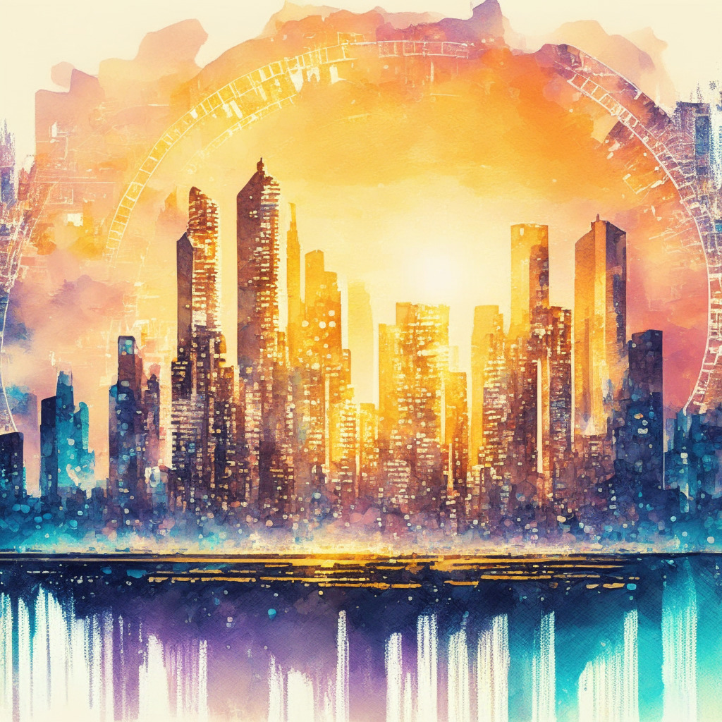 Cryptocurrency skyline at sunset, a futuristic cityscape, blockchain & trust building contrasted with security concerns, soft glowing light, watercolor style, mood of innovation & collaboration, digital currency mosaic, delicate balance of regulatory pressure & growth, swirling colors of risks & rewards, no logos.