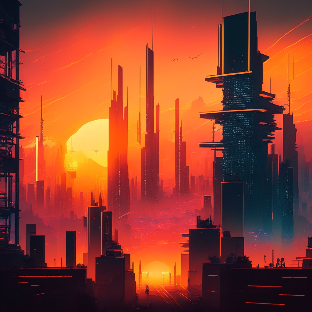 Futuristic cityscape with decentralized networks, warm sunset hues, blockchain intertwining industries, balanced scales between pros and cons, air of anticipation and caution, hints of energy consumption concerns, shadowy figure of skepticism, contrasting bright signs of innovation and efficiency.