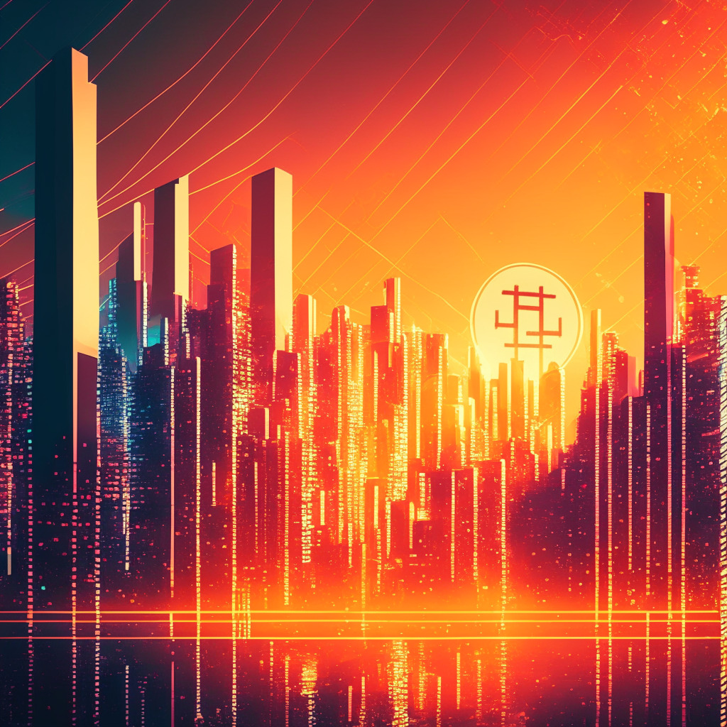 Futuristic cityscape with blockchain nodes, vibrant sunset, abstract cryptocurrency coins, financial sector merging with digital economy, mood of optimism, contrasting shadows representing skepticism, decentralized elements, soft glow to symbolize potential, dynamic lines for evolving challenges.