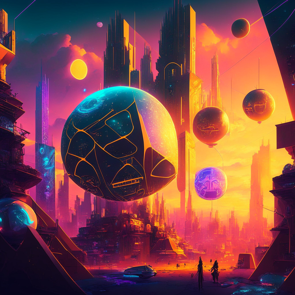 Futuristic blockchain gaming city, neon-lit landscape, bustling players, meme tokens in playful graffiti, Sui network's glowing orb, Ethereum and Polygon logos on buildings, ecstatic mood, dusk sky with golden hues, dramatic chiaroscuro lighting, high-contrast Baroque style, intricate Art Nouveau details.