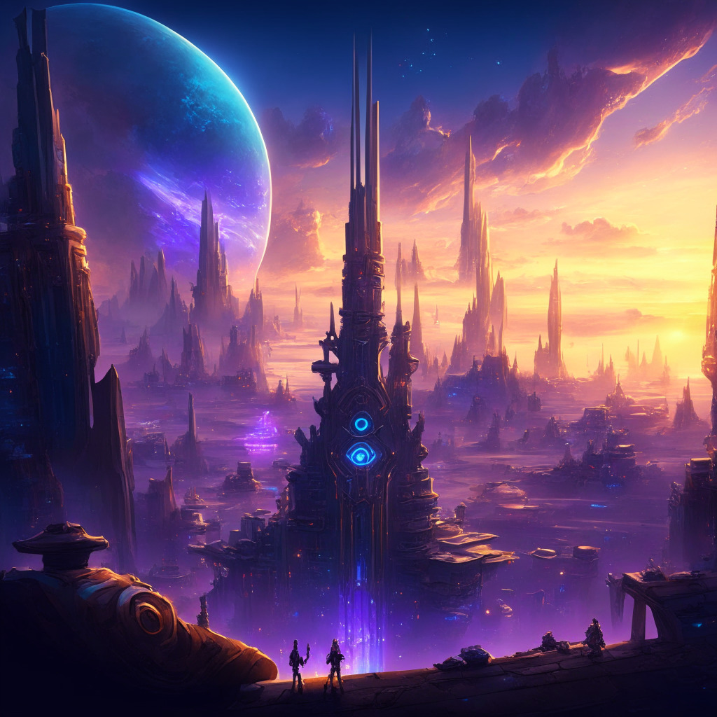 A detailed blockchain MMORPG landscape, futuristic city with multiple players interacting, integrated cryptocurrency symbols, soothing twilight sky, warm ambient lighting, impressionist art style, sense of wonder and adventure, secure gaming experience evoking trust, diverse characters showcasing inclusivity, decentralized market for player assets.