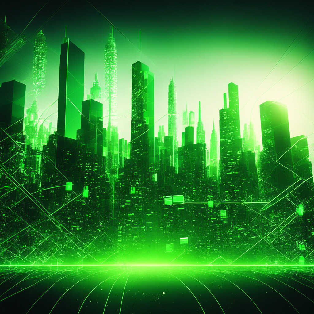 Futuristic city skyline, innovators shaping blockchain solutions, transparent interconnected digital nodes, green hues representing energy efficiency, contrasting shadows for safety concerns, radiant beams of light symbolizing hope, determined expressions, air of resilience and optimism.