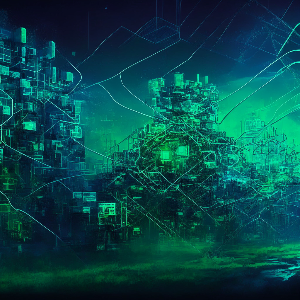 Blockchain revolution concept art, shimmering digital landscape, decentralized nodes connecting in vivid hues of blue and green, contrasting dark, pollution-filled industrial background, chiaroscuro lighting, network of intricate circuitry, an air of discovered potential yet cautious optimism, harmonious blend of futurism and classicism.