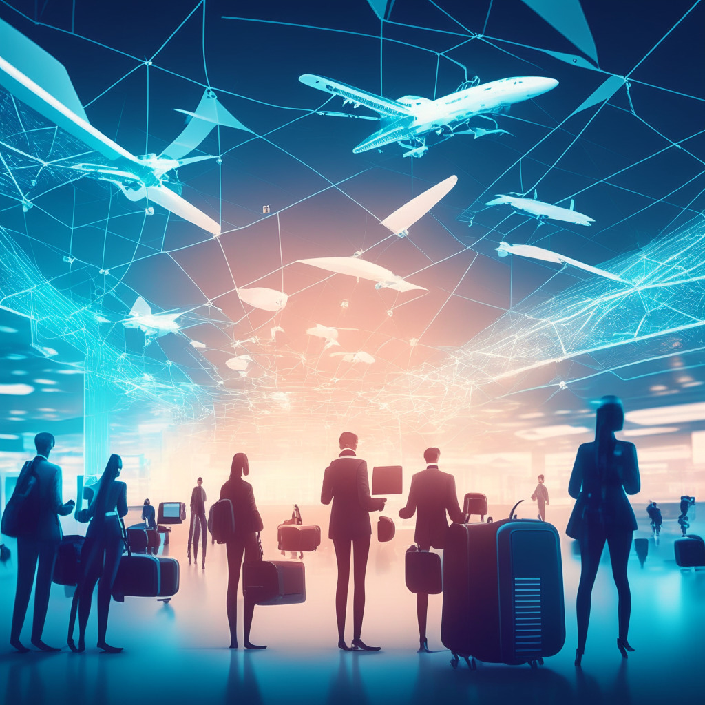 Futuristic airport scene, decentralization concept, glowing blockchain connections, Web3 elements, travelers immersed in metaverse, diverse NFTickets hovering, soft ambient lighting, data security visuals, optimistic atmosphere, seamless customer experiences, virtual meets reality.
