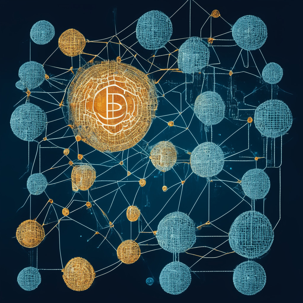 Intricate blockchain network, currencies like Bitcoin & Ether, debate cloud hovering, warm light of potential impact, contrasting skepticism shadow, decentralized finance, secure data storage, supply chain, healthcare & real estate innovation, financial inclusion & environmental concern, balancing act of regulation & innovation, mood of cautious optimism.