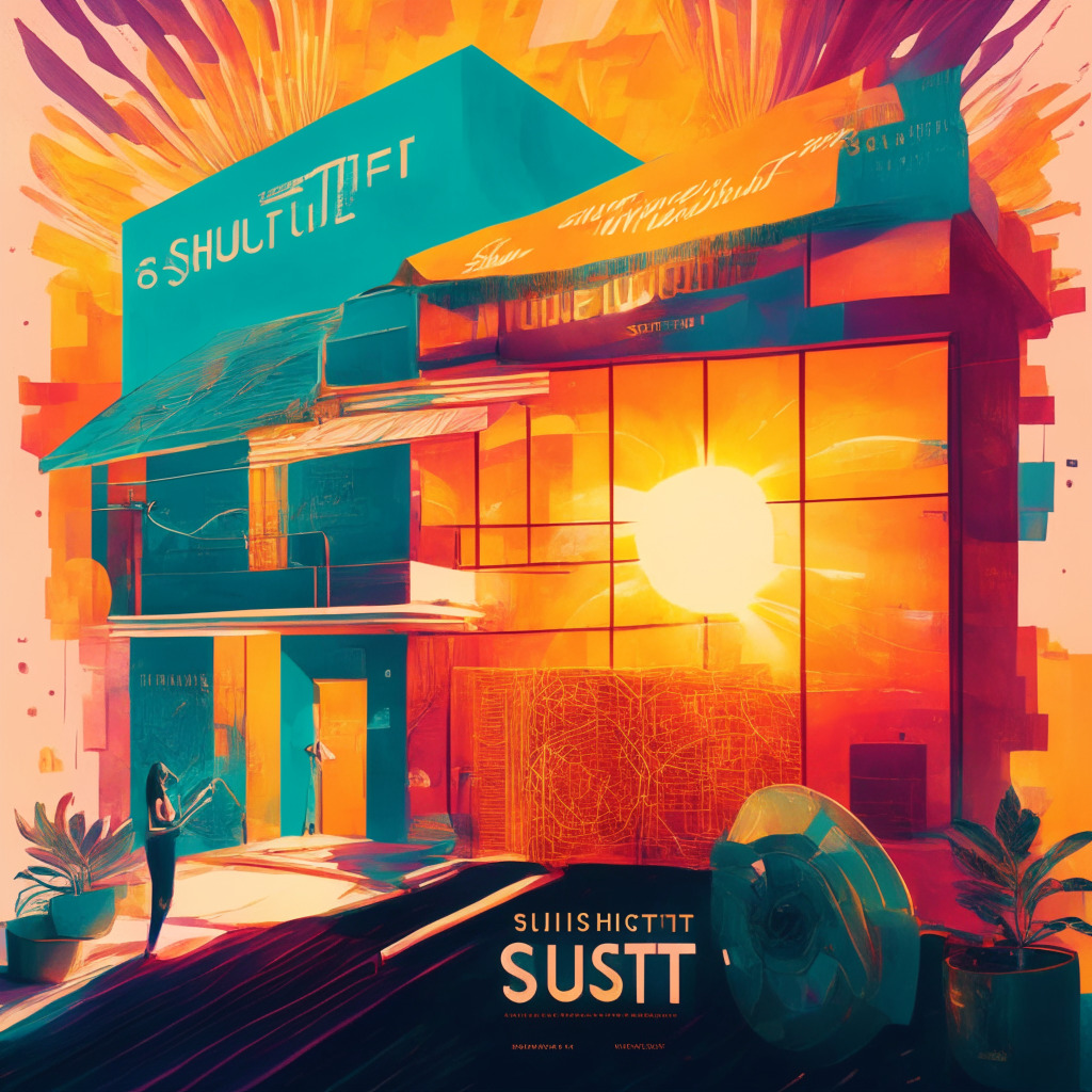 Sunlit art house cinema with blockchain influence, vibrant color palette, indie filmmakers collaborating, decentralization theme, sense of hope and innovation, transparent film reel, tokenization concept, intellectual property protection, potential obstacles in the background.