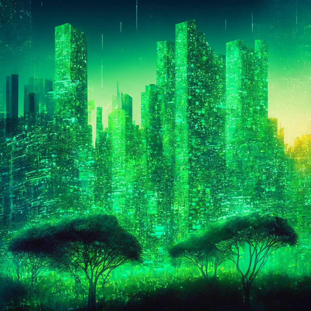 Sustainable blockchain cityscape, digital ledger transparency, glowing green hues, organic structures, anti-greenwashing, evening light, impressionist style, hopeful mood, dynamic skyline, carbon credit transactions, interconnected world, trust-building, global climate action collaboration.