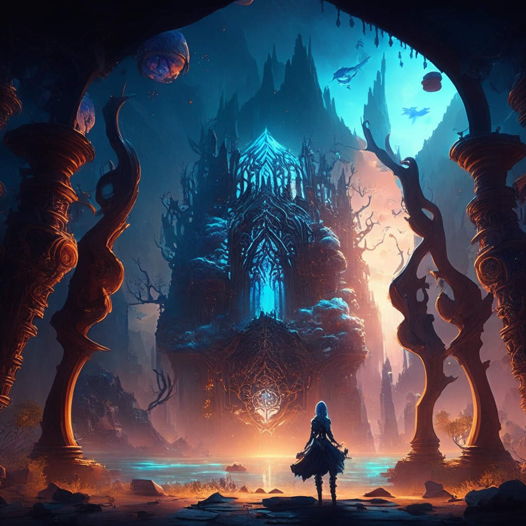 Intricate MMORPG scene, blockchain-powered gaming world, radiant lighting, baroque art style, intense mood, innovative audio design, unique digital assets, striking and immersive visuals, players deeply engaged, glimpses of surreal landscape, future of gaming industry encapsulated.