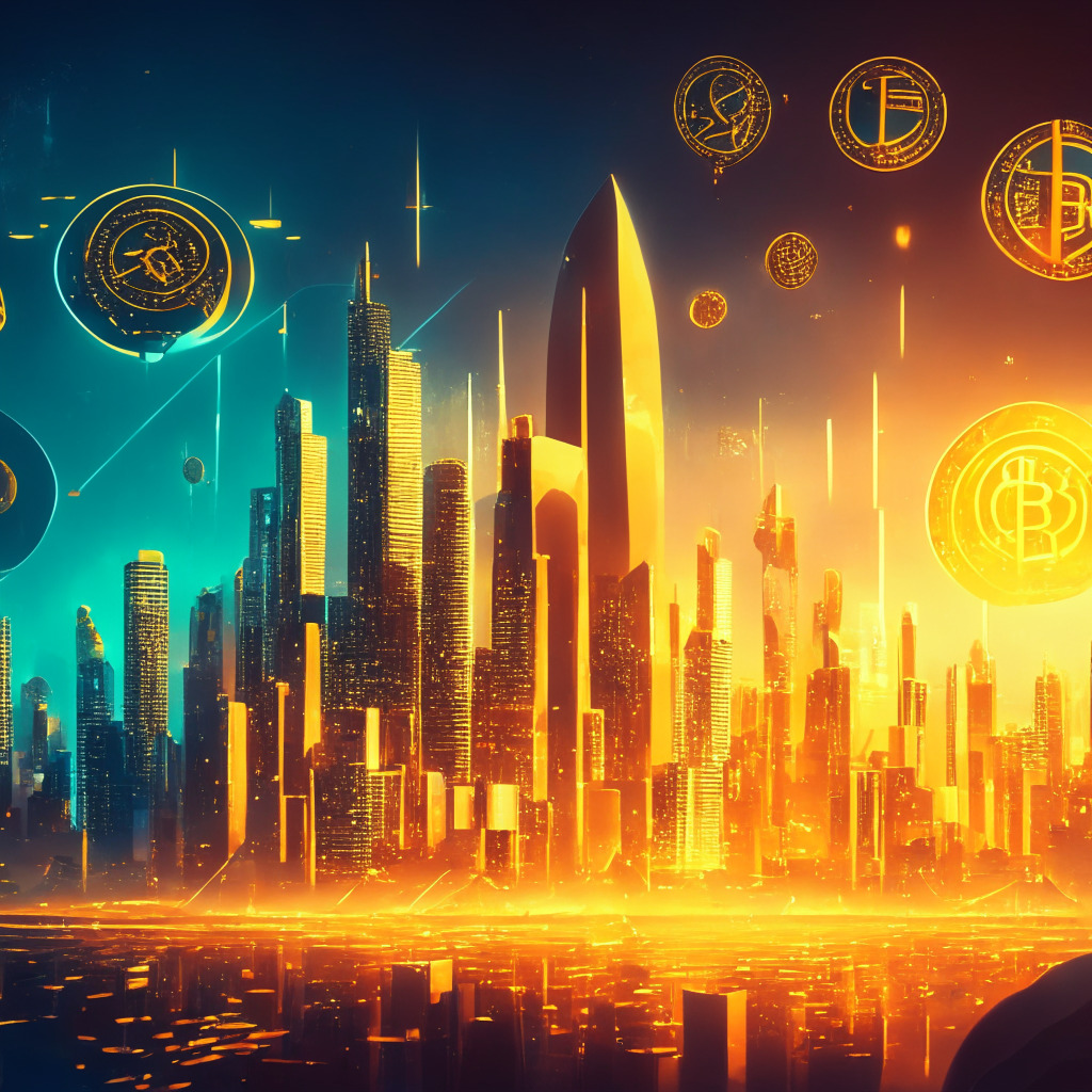 Cryptocurrency revolution scene, futuristic city skyline, blockchain network, energetic colors, glowing golden coins, contrasting optimism and skepticism, digital finance, mining operations with renewable energy, cyber security shield, potential and challenge scales perfectly balanced, delicate lighting, strategic mood.