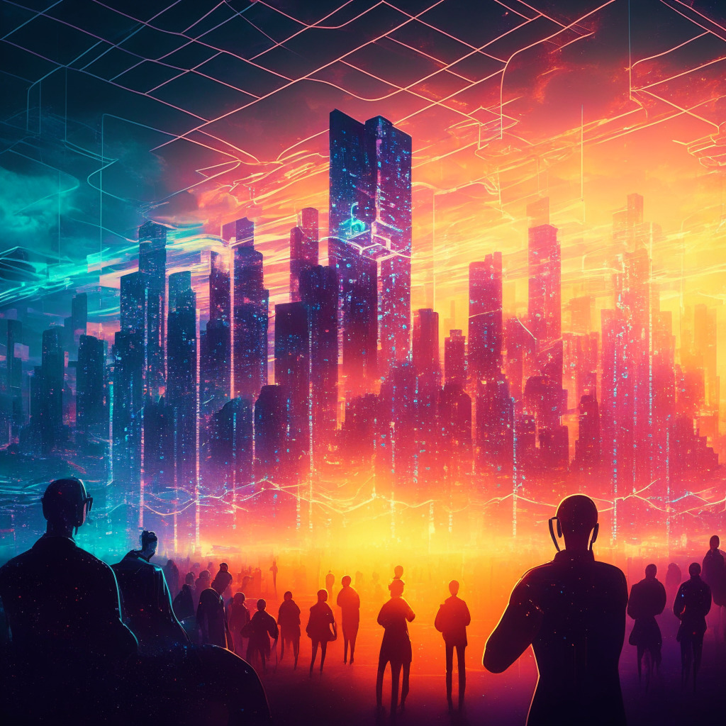 Blockchain revolution scene, futuristic cityscape, glowing cyber network, dramatic sunset lighting, hints of skepticism, transparent holographic transactions, diverse crowd analyzing progress, secure vault, decentralized connections, mood of potential transformation, merging traditional and digital worlds, contrasts of embracing and resistance