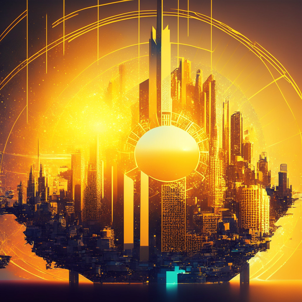 Futuristic city reflecting blockchain innovation, diverse industries disrupted, decentralized finance, healthcare & entertainment, golden sunlight, secure cryptographic network, shadows of challenges, regulatory uncertainty, environmental concerns, vibrant & contrasting mood, artistic blend of optimism & caution, sustainability & scalability questions.