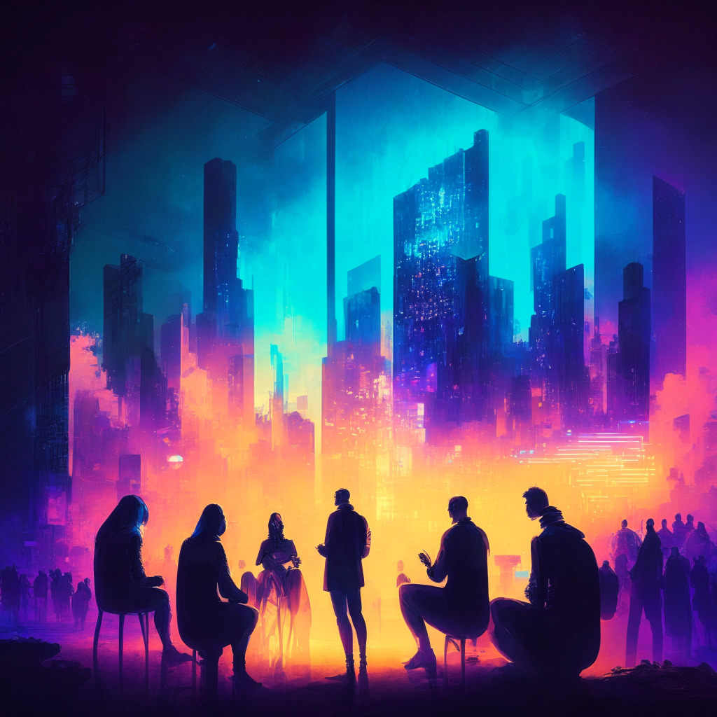 Futuristic cityscape with blockchain-inspired glowing matrix, diverse people discussing at foreground, artistic chiaroscuro lighting, bright colors symbolizing disruptive innovation, subtle muted tones representing sustainability concerns, duality of hope and skepticism in the atmosphere.