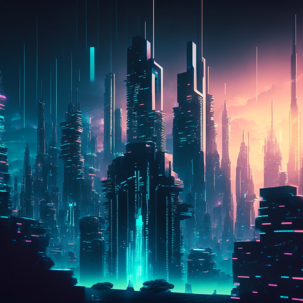 A futuristic cityscape representing blockchain's potential, with decentralized glowing skyscrapers, holographic financial symbols, sunlight reflecting off eco-friendly buildings, and contrasting dark channels symbolizing regulatory hurdles. The scene evokes a mixture of hope, innovation, and caution, with a touch of cyberpunk aesthetic.