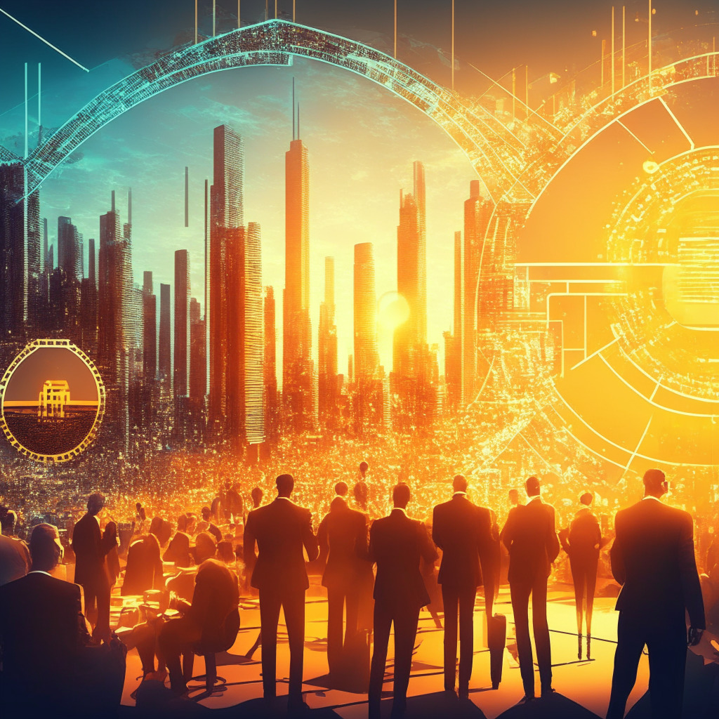 Futuristic cityscape with blockchain elements, conference attendees discussing technology, diverse industries represented, warm golden light, hints of digital tokens, mood of optimism & caution, energy consumption & security concerns, balance of privacy & regulation, potential & challenges.