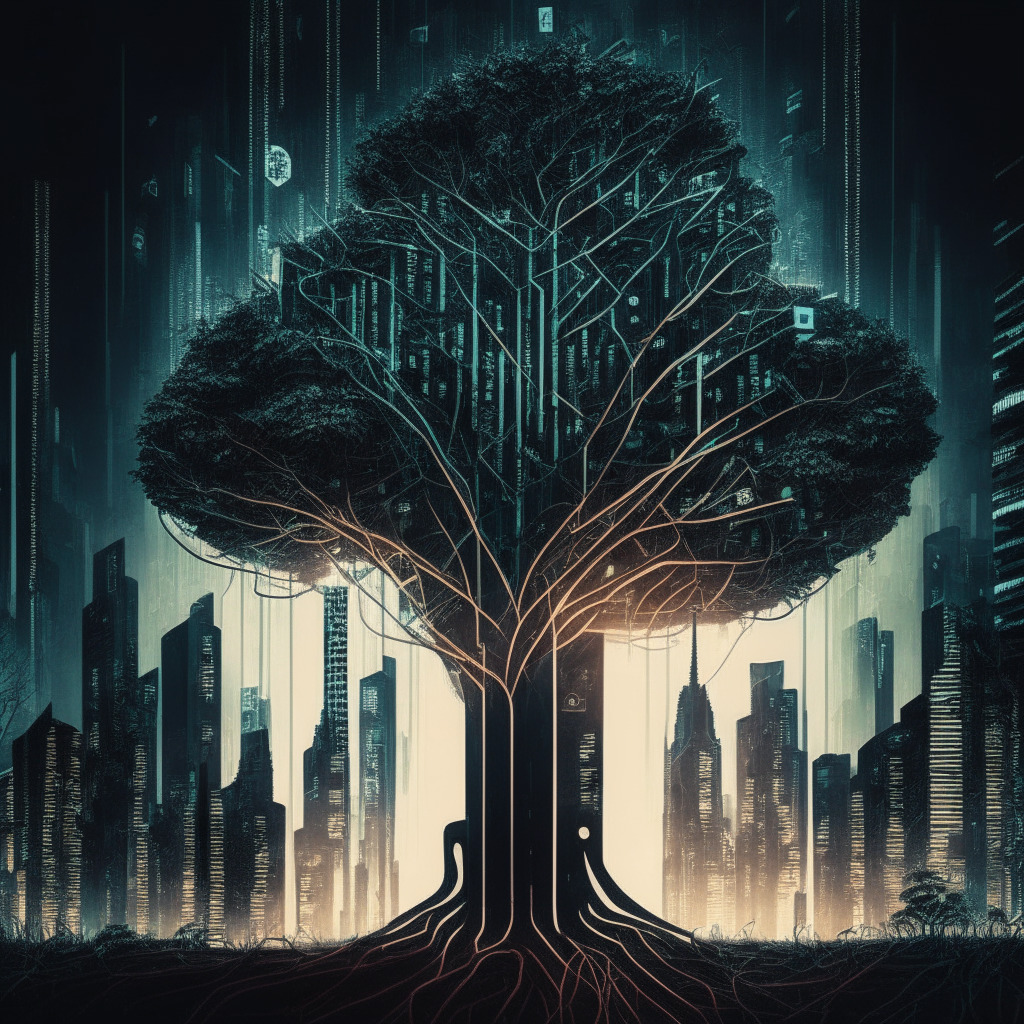Abstract finance scene: futuristic city skyline, digital currency symbols, interwoven tree roots representing blockchain, contrasting light and dark areas, neoclassical-meets-cyberpunk style, intense atmospheric chiaroscuro, triumphant yet cautious mood, focus on opportunities and challenges in finance.