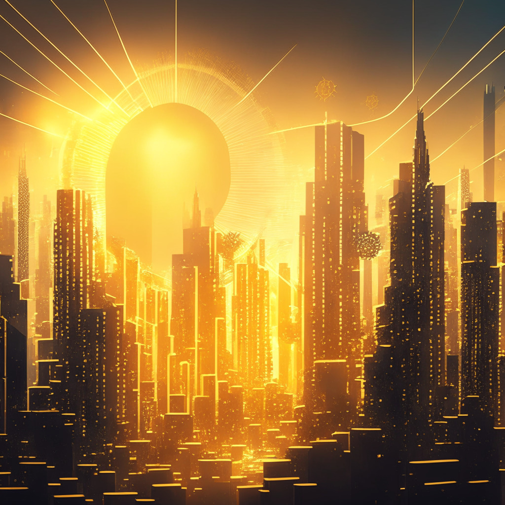 Futuristic cityscape with blockchain elements, diverse industries connected by energy-efficient chains, warm golden light representing potential, scattered shadows symbolizing skepticism, slight air of mystery in the atmosphere, dominant optimistic mood with hints of caution, creative transactions emerging from financial buildings.