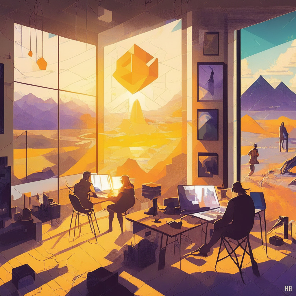 Ethereum NFT landscape, artistic family duos, sunlight-filled workspaces, trust & collaboration, warm color palette, creative synergy, pixelated art meets traditional canvas, evolving work-life boundaries, dynamic moods of innovation, intimate exploration of decentralized world, chiaroscuro effect of digital age.