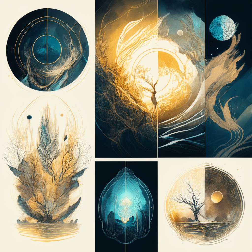 Generative art collection inspired by earth, fire, water, air, merging NFTs with hand-drawn prints, Ethereum connection, warm and cool tones, traditional and digital art blend, soft light setting, Renaissance-meets-futuristic style, contemplative mood, celebrating harmony and artistic coexistence.