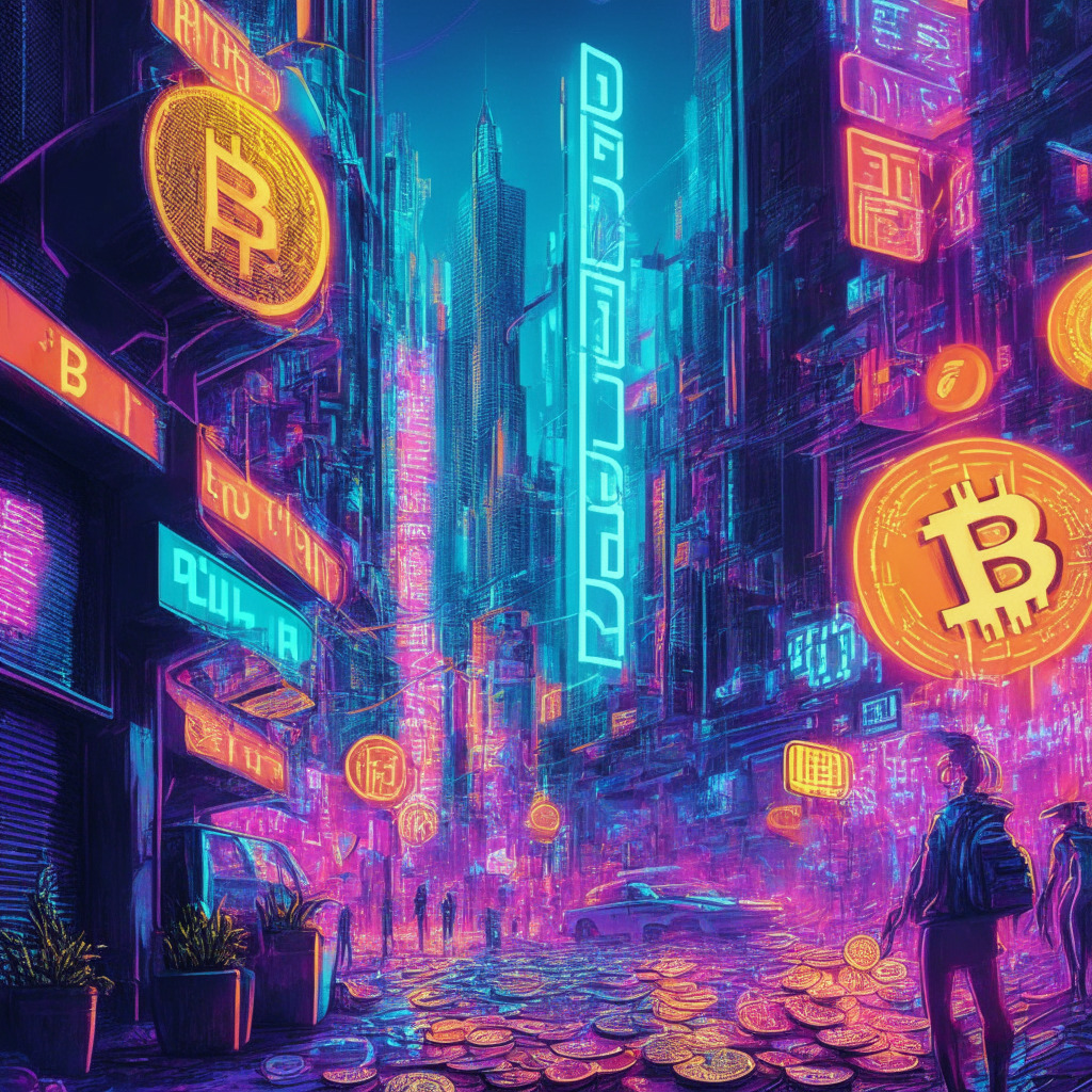 A vibrant, futuristic cityscape with Bitcoin signs, dynamic NFT art displays featuring meme coins like Pepe and Ordi, Bitcoin blockchain lines weaving through the scene, energetic cyberpunk art style, glowing neon lights, busy urban environment, reflections in glossy surfaces, contrasting shades of warm and cool hues, heightened sense of urgency and excitement, encapsulating both inconvenience and the popularity surge in blockchain technologies.