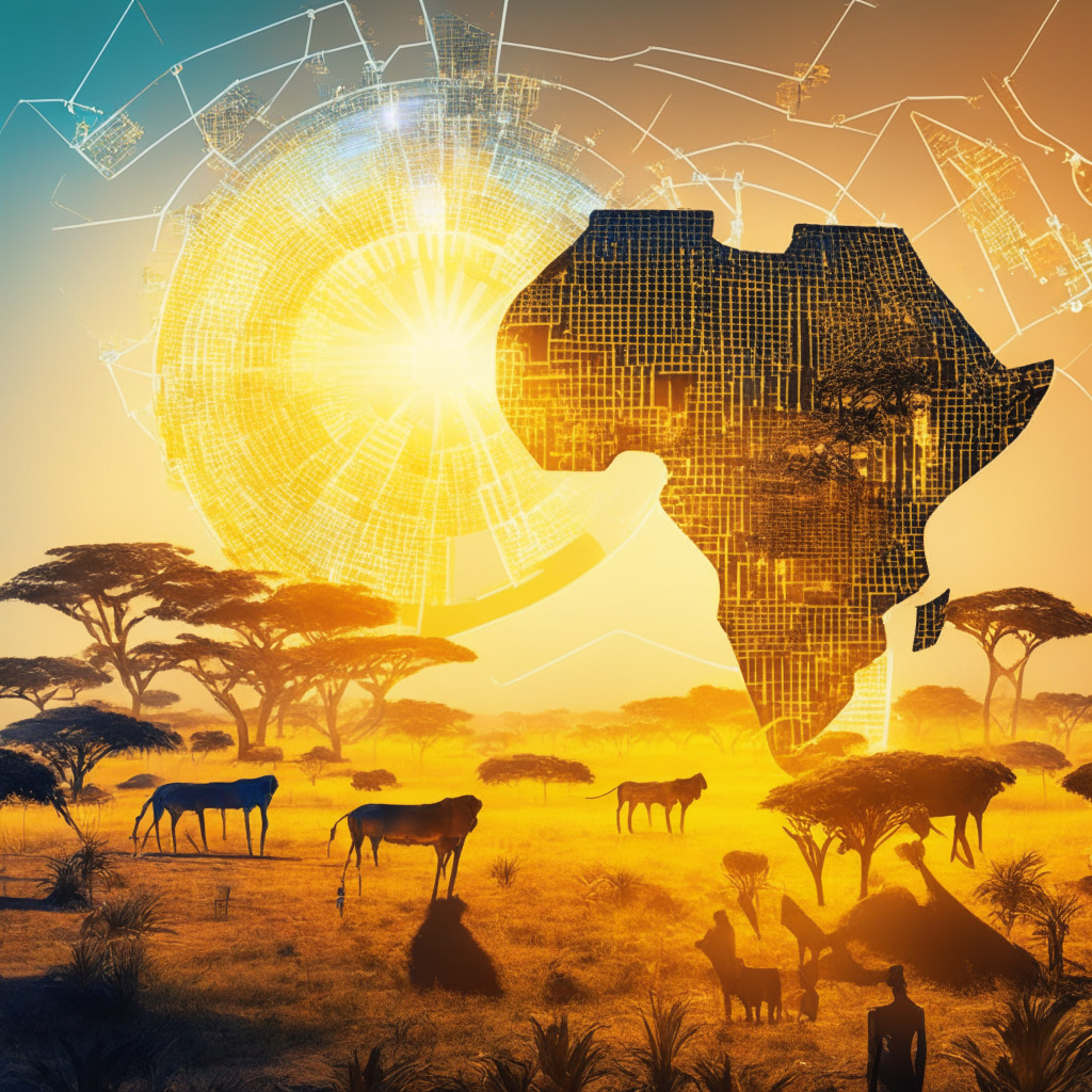 African blockchain innovation, sunlit savannah backdrop, a cutting-edge Web3 hub, diverse industries represented, finance, supply chain, agriculture, business, cross-border trade, panorama of digital transformation, glowing futuristic structures, vivid interconnected networks, cooperation between tech companies and government entities, optimistic and transformative atmosphere.