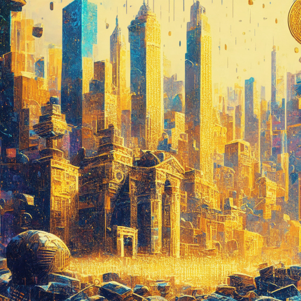 Intricate blockchain cityscape, golden ether coins raining, DeFi farmers harvesting tokens, vibrant colors, chiaroscuro lighting, abstract-meets-impressionism style, victorious mood, seamless integration of staking derivatives, and a sense of overcoming market competition.