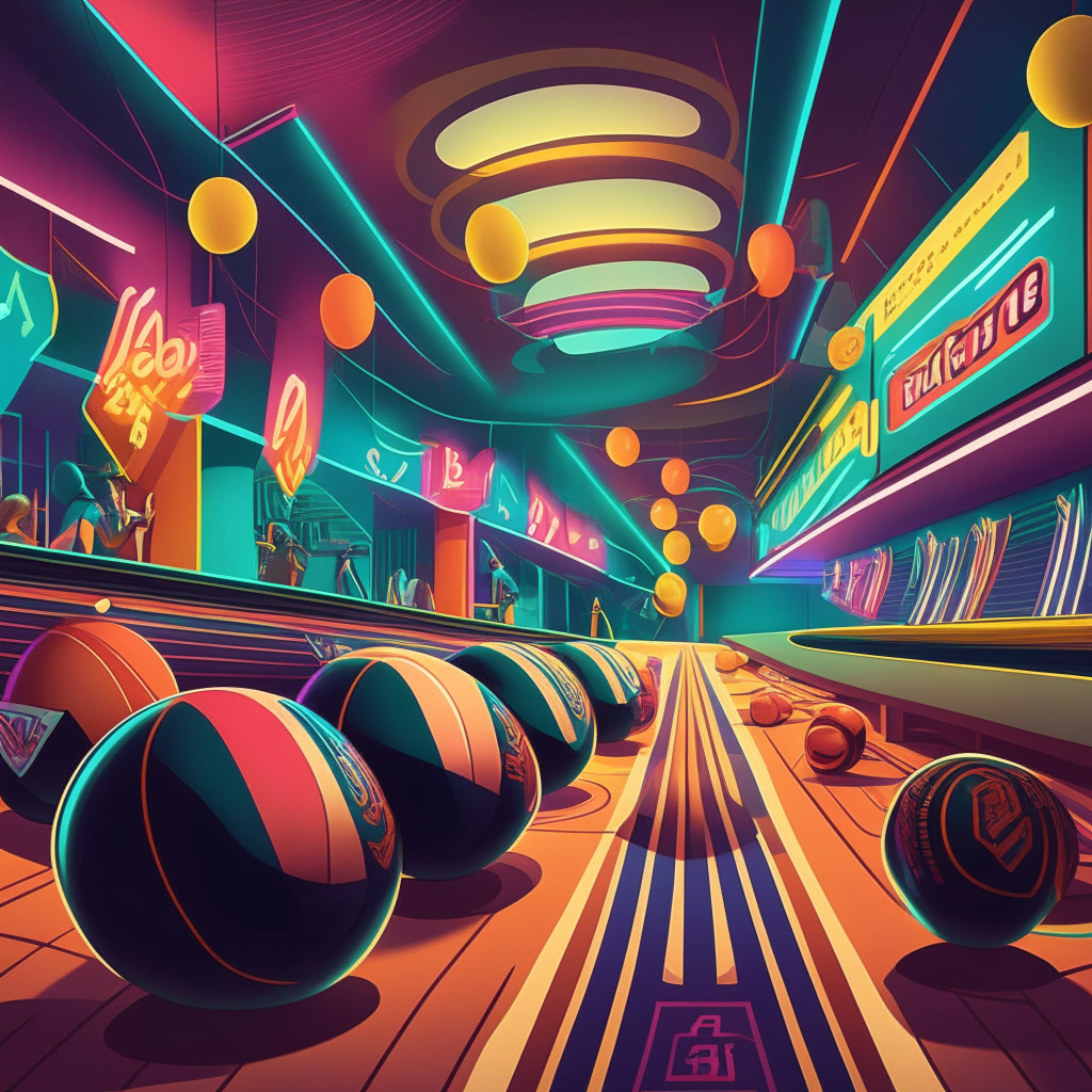 Bowling alley scene with vibrant colors, Art Deco style, dramatic contrast, dynamic lighting, virtual awards and milestones displayed, mood of excitement and accomplishment, players celebrating their League Bowler Certification Awards, hints of metaverse integration, no brands/logos, captivating atmosphere.