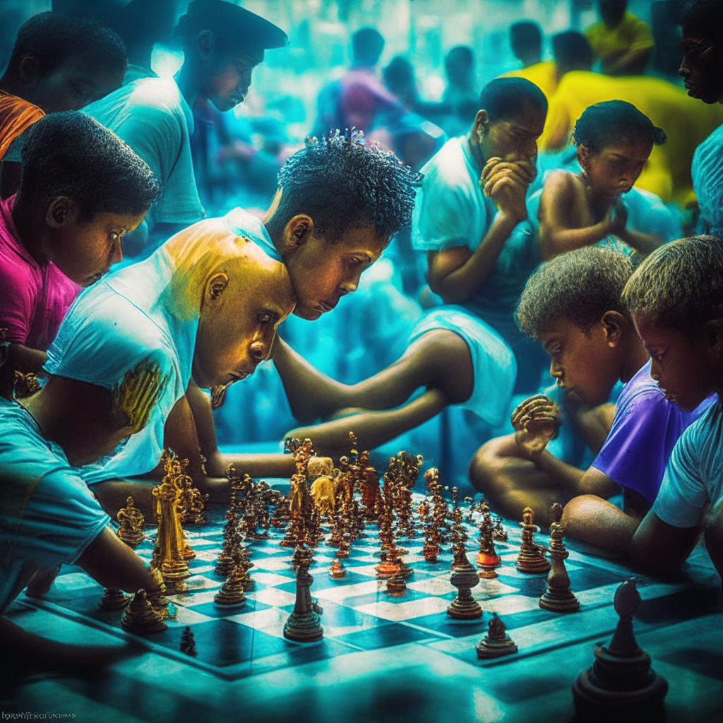 Intense chess tournament scene in Brazil, vibrant colors, players of all ages, NFT-themed chess pieces, ambient sunlight, unity in diversity, triumphant champions with physical and digital trophies, innovative and embracing NFT culture, energetic and futuristic mood, celebrating shared passion for chess and technology.