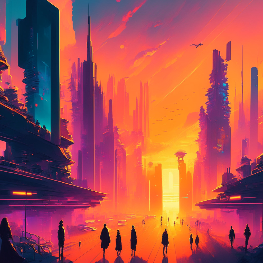 Sunset-lit futuristic cityscape, diverse people navigating digital devices, holographic DeFi elements, hints of blockchain, warm colors, impressionist style, individuals breaking through symbolic barriers, atmosphere of discovery, progress, and inclusivity. Overall mood: optimistic, educational, cooperative.