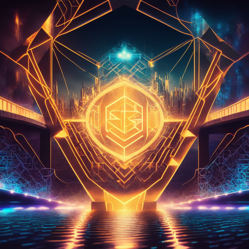 Futuristic crypto bridge scene, Ethereum to Bitcoin blockchain, ethereal glow, merging networks, abstract geometric shapes, bright warm tones, dynamic movement, balanced composition, sense of optimism, intricately engraved BRC-721E token forefront, luminous energy, thoughtful mood.