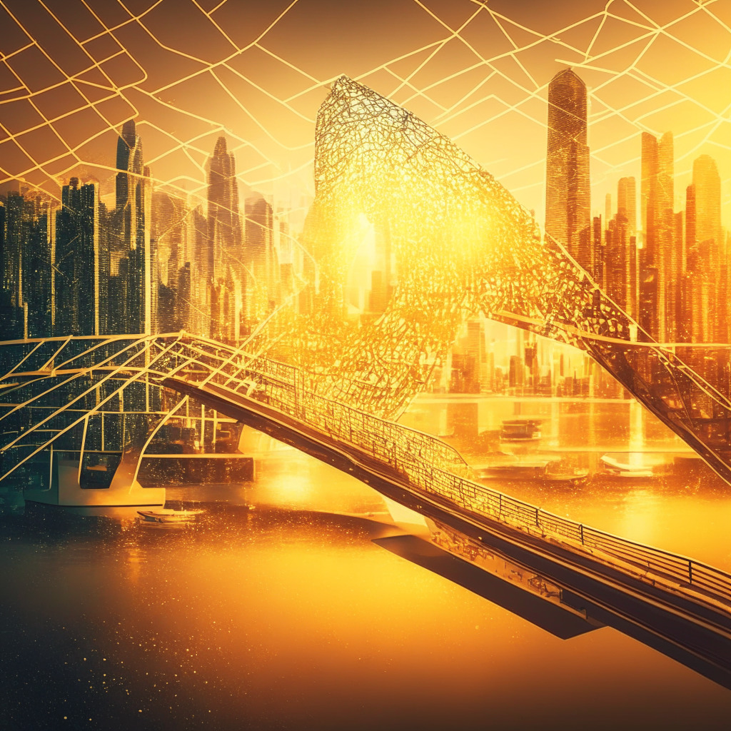 Intricate blockchain bridge, warm golden light, futuristic cityscape, Solana-Ethereum connection, seamless token transfers, digital euro concept, abstract regulatory forms, Hong Kong trading platform, Web3 embrace, calm yet innovative atmosphere.