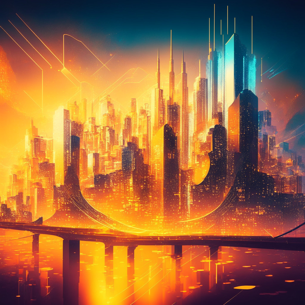 Ethereal cityscape merging traditional & decentralized finance, golden hues cast over skyline, dynamic SOFR rates as glowing neon signs, interest-rate swaps as intertwined bridges, Avalanche blockchain providing solid foundation, sense of innovation & inclusivity, evolving financial landscape.