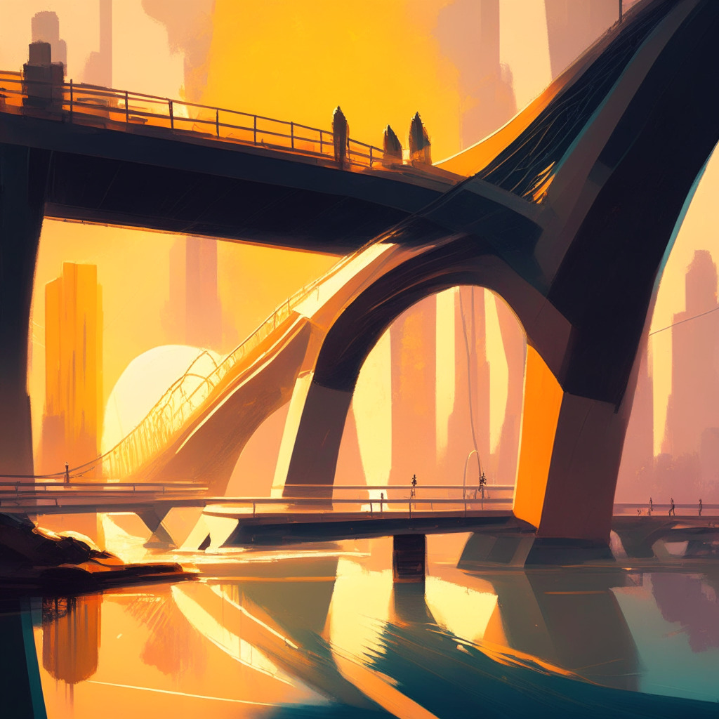 A futuristic financial landscape, sleek DeFi platforms contrast with traditional banks, a bridge connects the two worlds, sunlight symbolizing new beginnings, warm color palette, impressionist-style brushstrokes, half in shadows hinting at uncertainty, tech-savvy individuals and novices interacting, a sense of hope and exploration in their expressions.