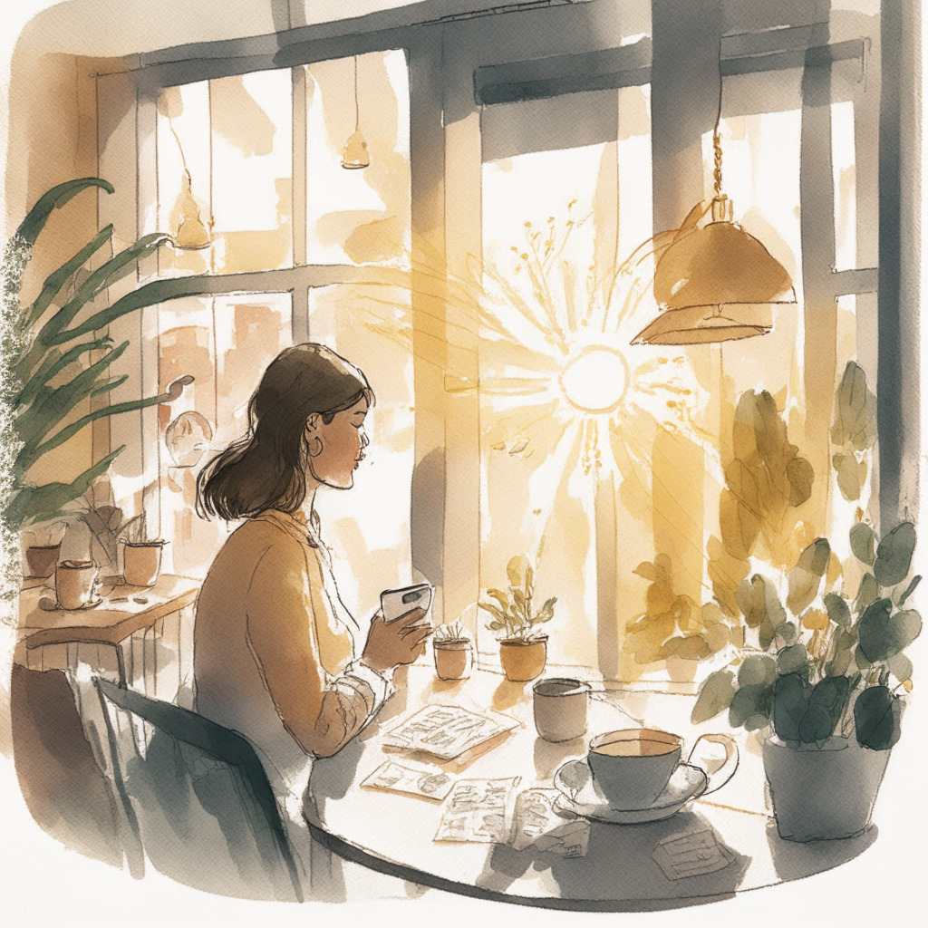Envision a scene with an individual using a budgeting app in a serene coffee shop, warm sunlight casting a cozy glow, surrounded by artistic watercolor visuals of tracked expenses, financial goals, budgets, and savings. The mood evokes a sense of mindfulness, control, and growth as they conquer impulsive spending and work towards their financial dreams.