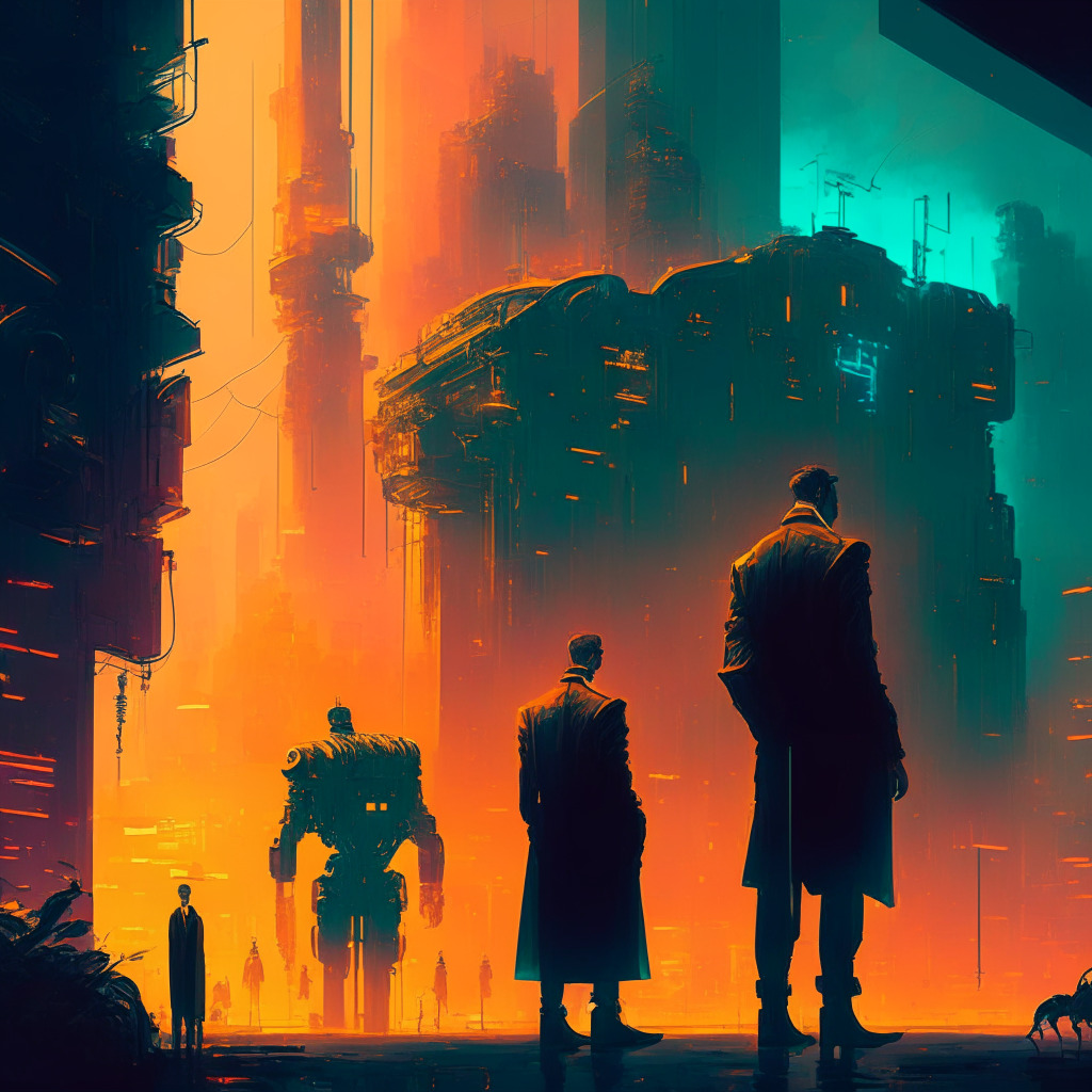 Intricate cyberpunk cityscape, contrasting old-fashioned businessmen with futuristic robots, dimly lit setting, warm color palette, a touch of surrealism, tense yet contemplative mood, glowing holograms depicting technological advancements and AI in the background.