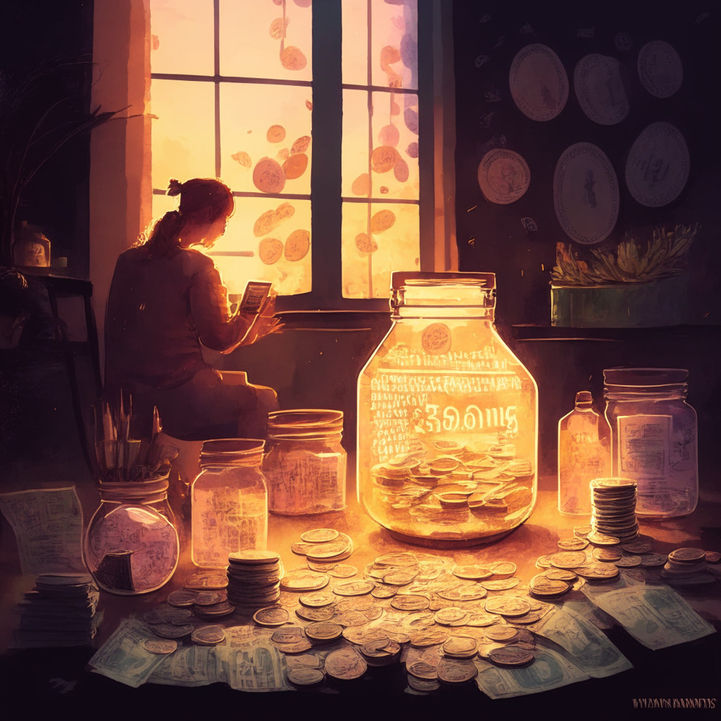 Intricate financial planning scene, impressionist style, evening light, warm colors, serene mood, a person using a budgeting app on smartphone, pie chart of expenses, emergency fund jar filling up, coins flowing into jar, translucent piggy bank, stack of bills, glowing savings goal text, family in the background.