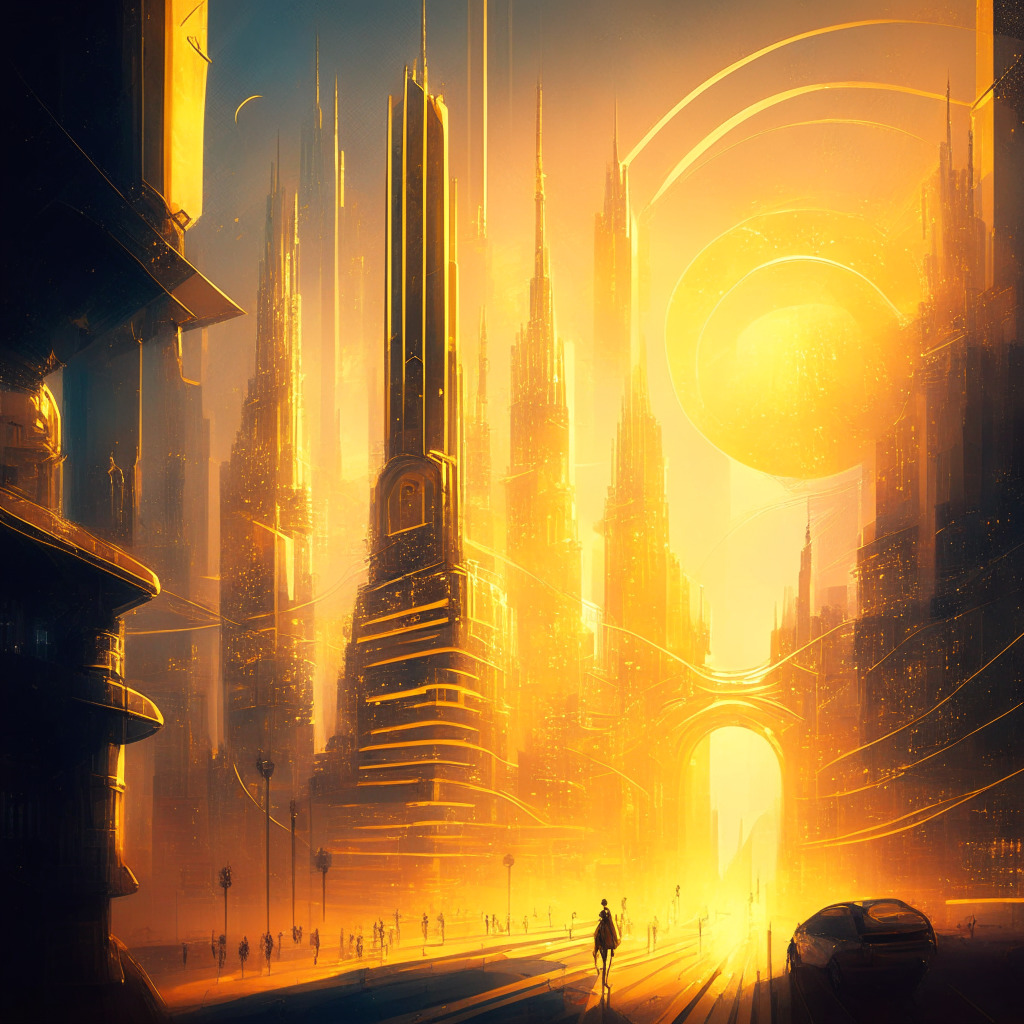 Intricate cityscape w/ futuristic architecture, diverse citizens crossing paths, glowing digital currency symbols, privacy shield overlay, warm golden light cast, impressionist style, tension & contrast between welcoming innovation & looming uncertainty, privacy vs. control theme.