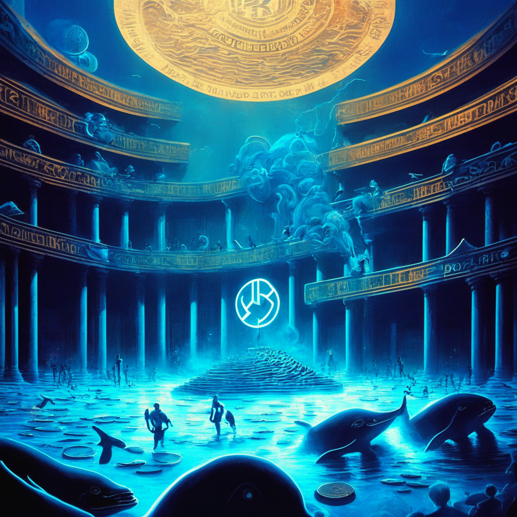 Intricate court scene, Ripple/XRP in the spotlight, juxtaposed with futuristic CBDC landscape, vivid colors, chiaroscuro lighting, mood of uncertainty and hope, swirling digital currency symbols, central banks in the background, crypto whales subtly hinted, cautious optimism.