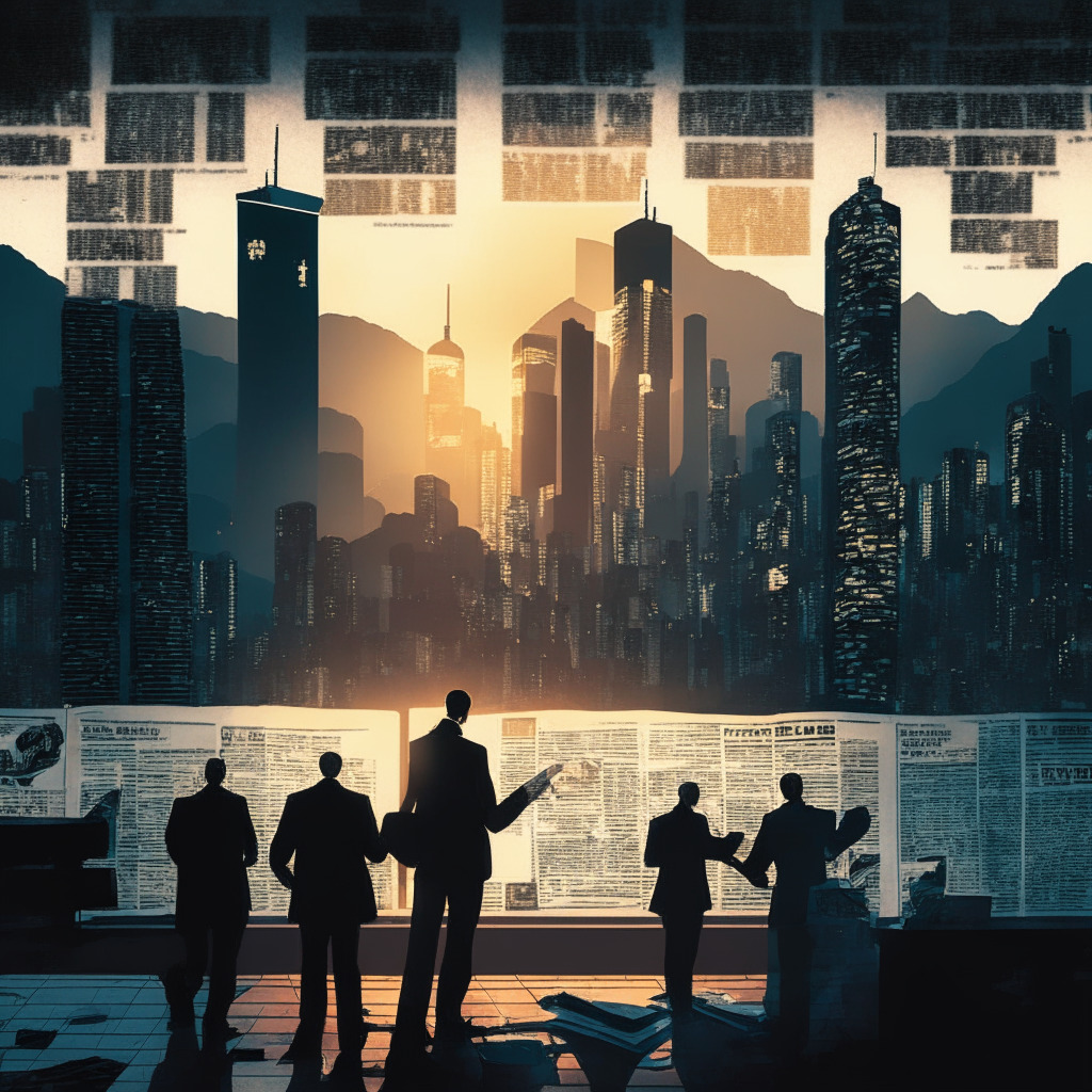 Hong Kong skyline at dusk, cryptocurrency symbols floating, a CCTV camera in the corner zooming in on compliance, shadowy figures representing Solana Memecoin and pump and dump scheme, background with newspapers and decision makers, chiaroscuro lighting, hint of uncertainty, an overall air of cautious optimism in digital currency's future.