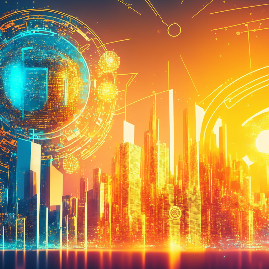 Futuristic digital asset exchange, compliance & innovation, balance as key, lively color contrasts, secure virtual vault, ethereal blockchain background, gleaming glass buildings, duality in decision-making, golden sun setting, cool & warm hues, vibrant glow, sense of responsible progress, hint of optimism, 350 characters.