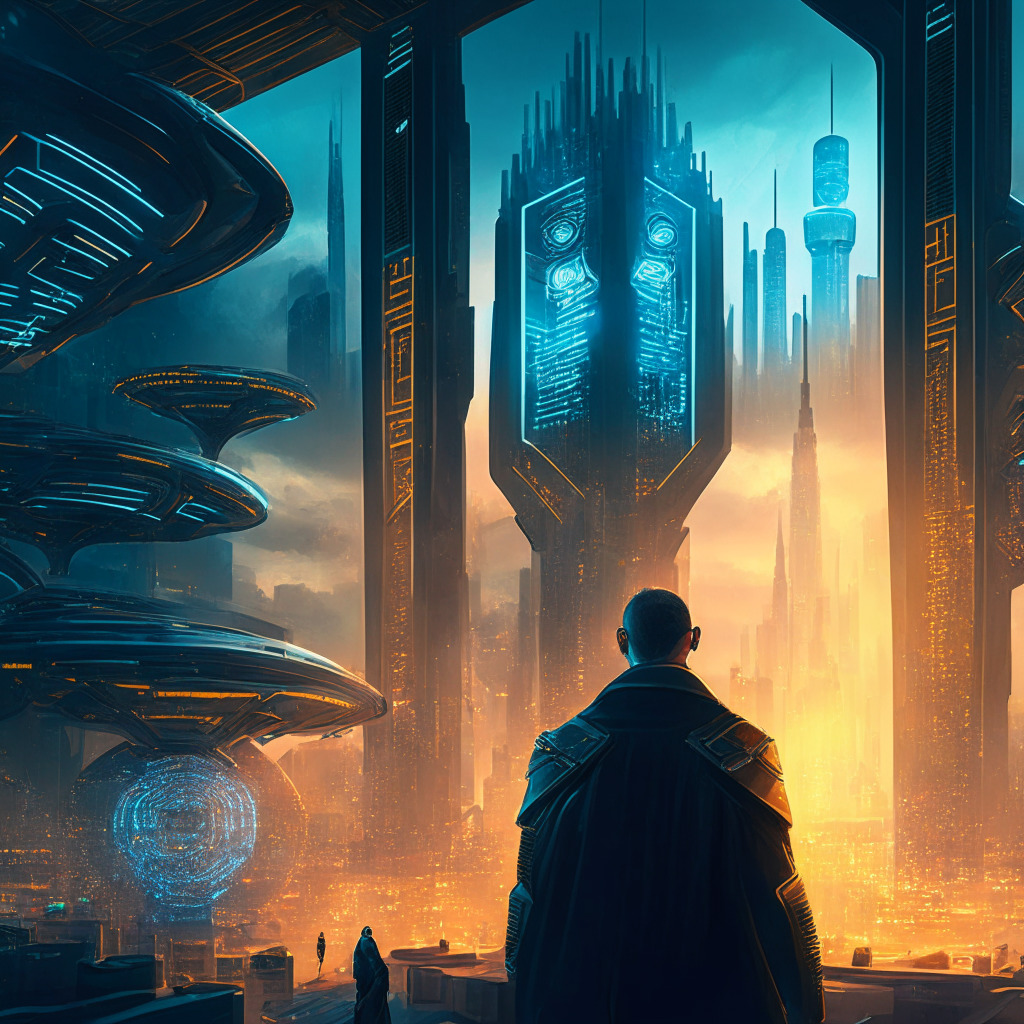 Intricate cityscape with digital asset transactions, CFTC officials overseeing activity, risk mitigation measures symbolized by shields, illuminated futuristic cyber environment, balanced blend of warm and cool tones, air of caution and vigilance, dynamic composition showcases opportunities and challenges in the crypto market, a watchful guardian in the background.