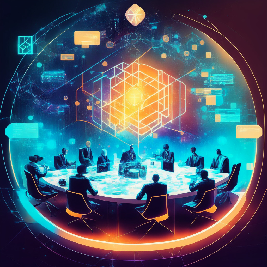 Futuristic blockchain council meeting, diverse industries, tokenization of assets, supply chain enhancements, warm glow of collaboration, blending of traditional & modern elements, air of optimism, hint of skepticism, vibrant color palette, soft lighting, energetic mood, interconnected web of ideas.
